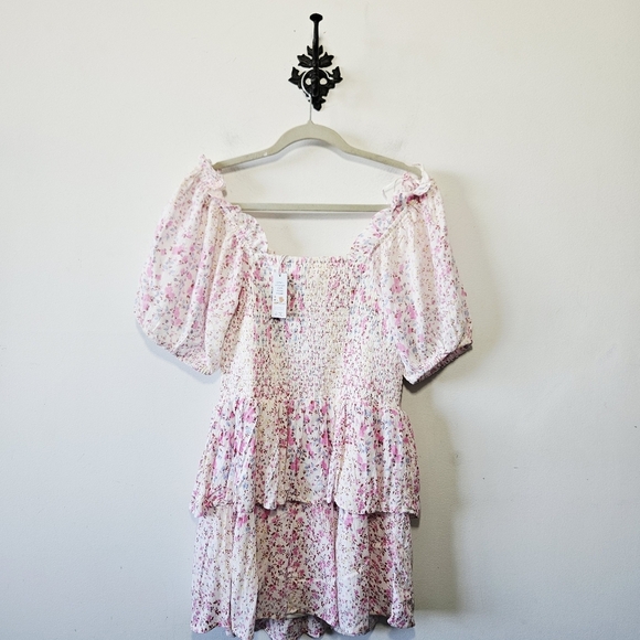 NWT Japna Floral Smocked Mini Dress Size L Off The Shoulder Tiered Prairiecore - Picture 3 of 4